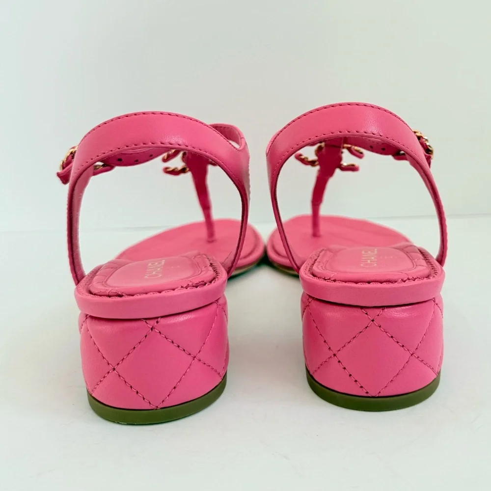 Chanel 20S Pink Quilted Lambskin CC Chain Thong Sandals Gold Hardware EU 39.5 - Picture 3 of 11